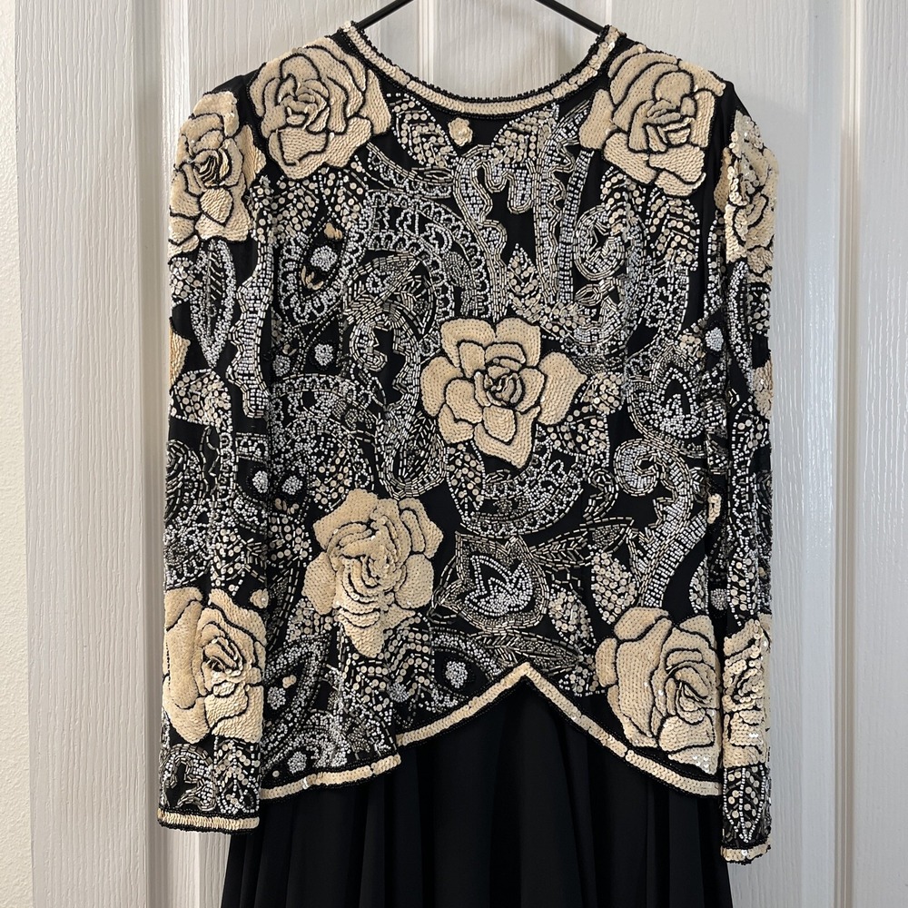 Vintage 90s Black Tie Gown Women's 6 Black Ivory Sequin Beaded‎ Chiffon Formal